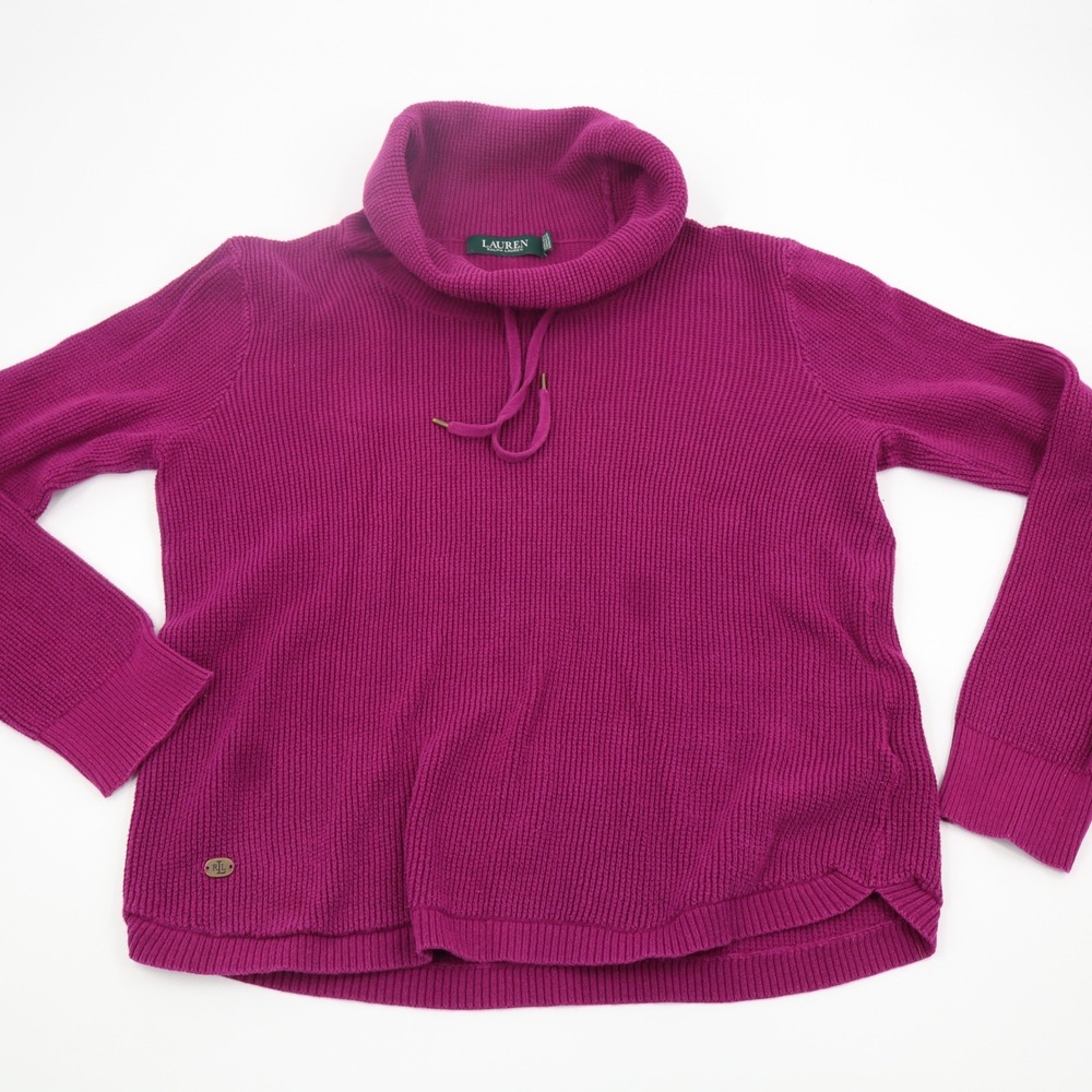 Lauren Ralph Lauren‎ Womens Magenta Purple Cotton Ribbed Cowl Neck Sweater Large